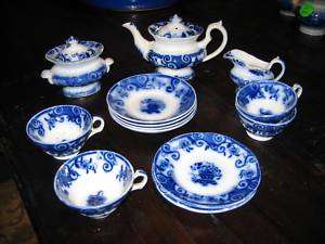 Antique Flow Blue Childs tea set Basket c1850  