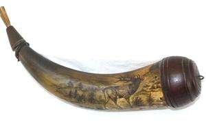 Antique Circa 1850 POWDER HORN Superb Highly Engraved Elk Mountain 