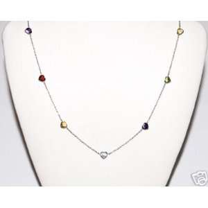   14K White Gold Heart Shaped Gemstone Necklace 16 New 