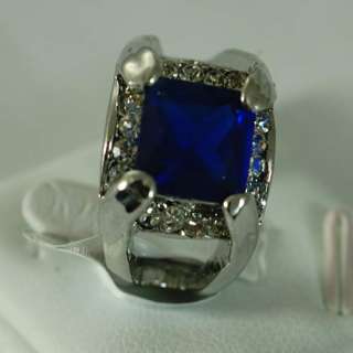   White GP Blue Square Sapphire Gemstone CZ Ring Fashion Jewelry  