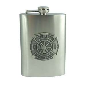 Two   Stainless 8 oz Alcohol Flasks With Fire Fighter Emblem By Top 