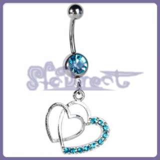  Body Jewelry Belly Button Navel Ring Dangle Double Heart CZ Rhinestone