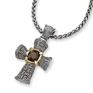   Smoky Quartz and Diamonds Cross Pendant/Sterling Silver Jewelry