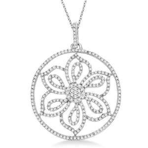  Diamond Circle Flower Pendant Necklace in 14k White Gold 