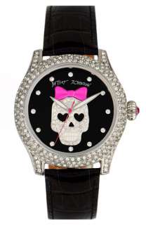Betsey Johnson Bling Bling Time Skull Dial Leather Strap Watch 