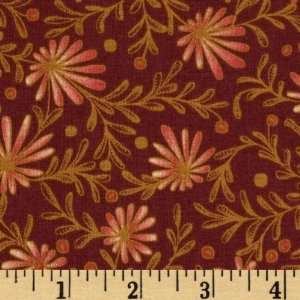  44 Wide Mollys Meadow Flowers Dark Red Fabric By The Yard 