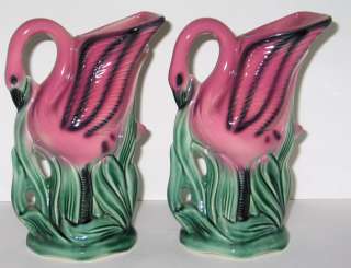 VINTAGE AWESOME PAIR OF PINK FLAMINGO POTTERY VASES  