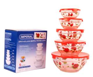Pc Glass Food Storage Container / Mixing Bowl Set Red Rose Design 