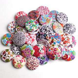 60 Mixed 4 Hole Printed Wooden Flower Buttons 25mm B902  