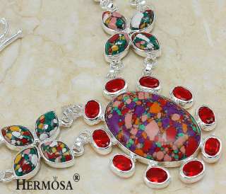 Multi Gem Mosaic Garnet Red Topaz Sterling Silver Drop Jasper Necklace 