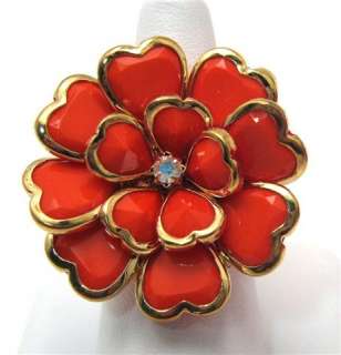 Beautiful stretch fashion ring with a large Orange flower, gold trim 