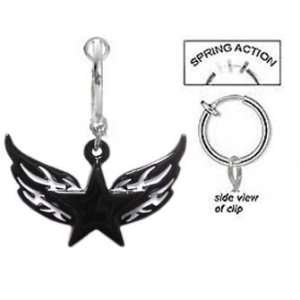  Fake Belly Navel Non Clip on Black Star with Wings dangle 