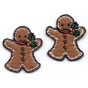  Iron On Applique/Xmas Gingerbread Man Set w/Holly Bow 