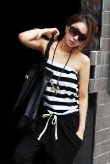   Womens Strapless Stripes Stitching Jumpsuits Rompers Long Pants  