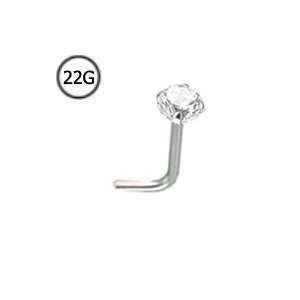 14KT White Gold L Bend Nose Stud Ring 3mm Clear CZ 22G FREE Nose Ring 