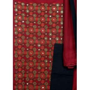 Maroon Gujarati Salwar Kameez Fabric with Embroidered Flowers and 