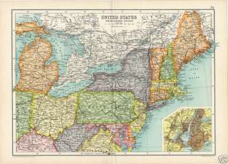 Rare 1909 Cassel Map of Northeastern United States VG+  