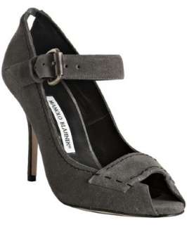 Manolo Blahnik grey suede Reata peep toe mary jane pumps   