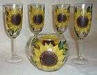SET OF 4 HAND PAINTED SUNFLOWER WINE FLUTES WITH MATCHI