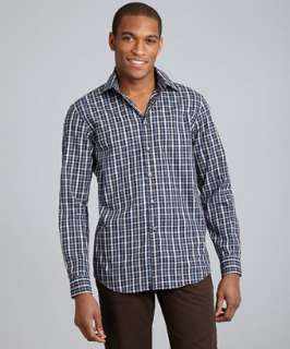 Report Collection navy check print cotton button front shirt   