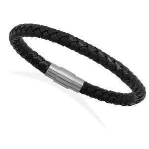   Black Leather Bracelet w/ Steel Magnetic Twist Lock Closure, 6mm Wide