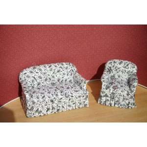   Grey Floral Comfy Sofa & Chair Set Dollhouse Miniature Toys & Games