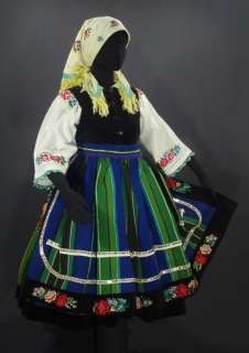 ANTIQUE Polish Folk Costume [Lowicz] embroidered blouse apron shawl 