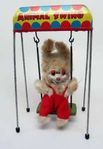 Wind Up Tin vintage Toy ANIMAL SWING Bunny Rabbit Alps Japan 1950s 
