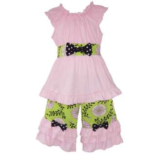 AnnLoren Boutique Girls Green Vine & Floral Capri Outfit Size 2 10 