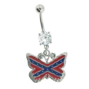  316L Surgical Steel Butterfly Rebel Flag Dangle Belly Ring 