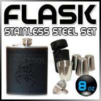 New 8oz Black Skull Stainless Steel Hip Flask & Funnel Cup 4 Shot 