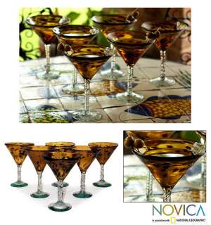 TORTOISE SHELL Set of 6 Amber Mexican Lead free Hand Blown MARTINI 