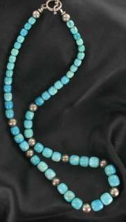 SLEEPING BEAUTY TURQUOISE BARREL BEADS NECKLACE LARGE STERLING 