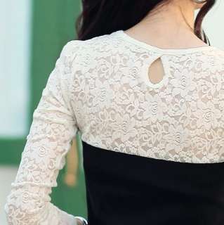 Trendy Women Long Sleeve Crewneck See through Lace Wear To Work Mini 