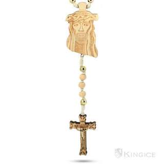 Natural Wood Jesus Piece Rosary Beaded Cross Necklace  