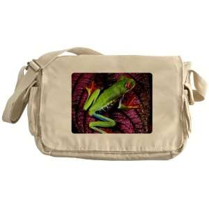   Khaki Messenger Bag Red Eyed Tree Frog on Purple Leaf 