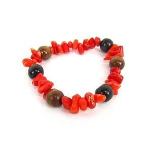  Red Bamboo Coral and Wood Bead Tropical Stretch Bracelet 